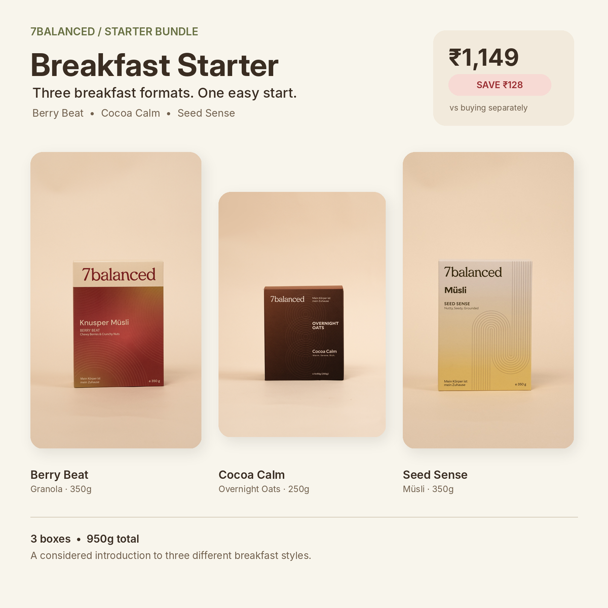 7balanced breakfast starter bundle with three muesli boxes: Berry Beat, Cocoa Calm, Seed Sense