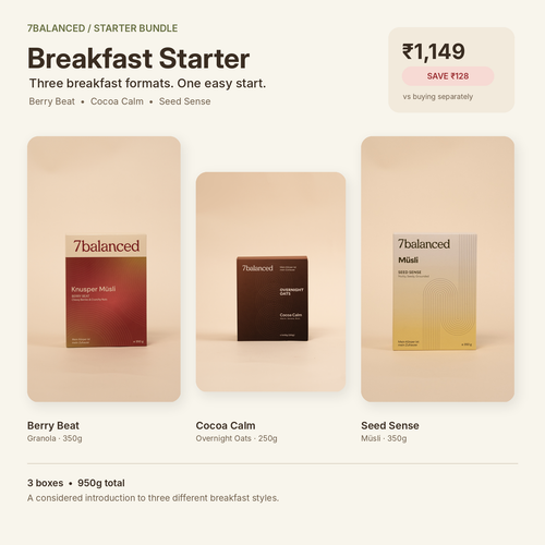 7balanced breakfast starter bundle with three muesli boxes: Berry Beat, Cocoa Calm, Seed Sense
