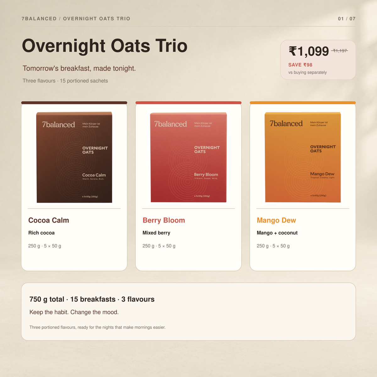 Overnight oats trio flavor boxes: cocoa calm, berry bloom, mango dew