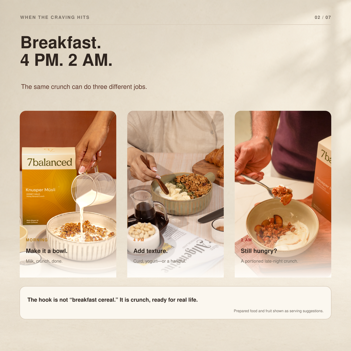 Granola trio breakfast how-to scene with 7balanced boxes and bowls