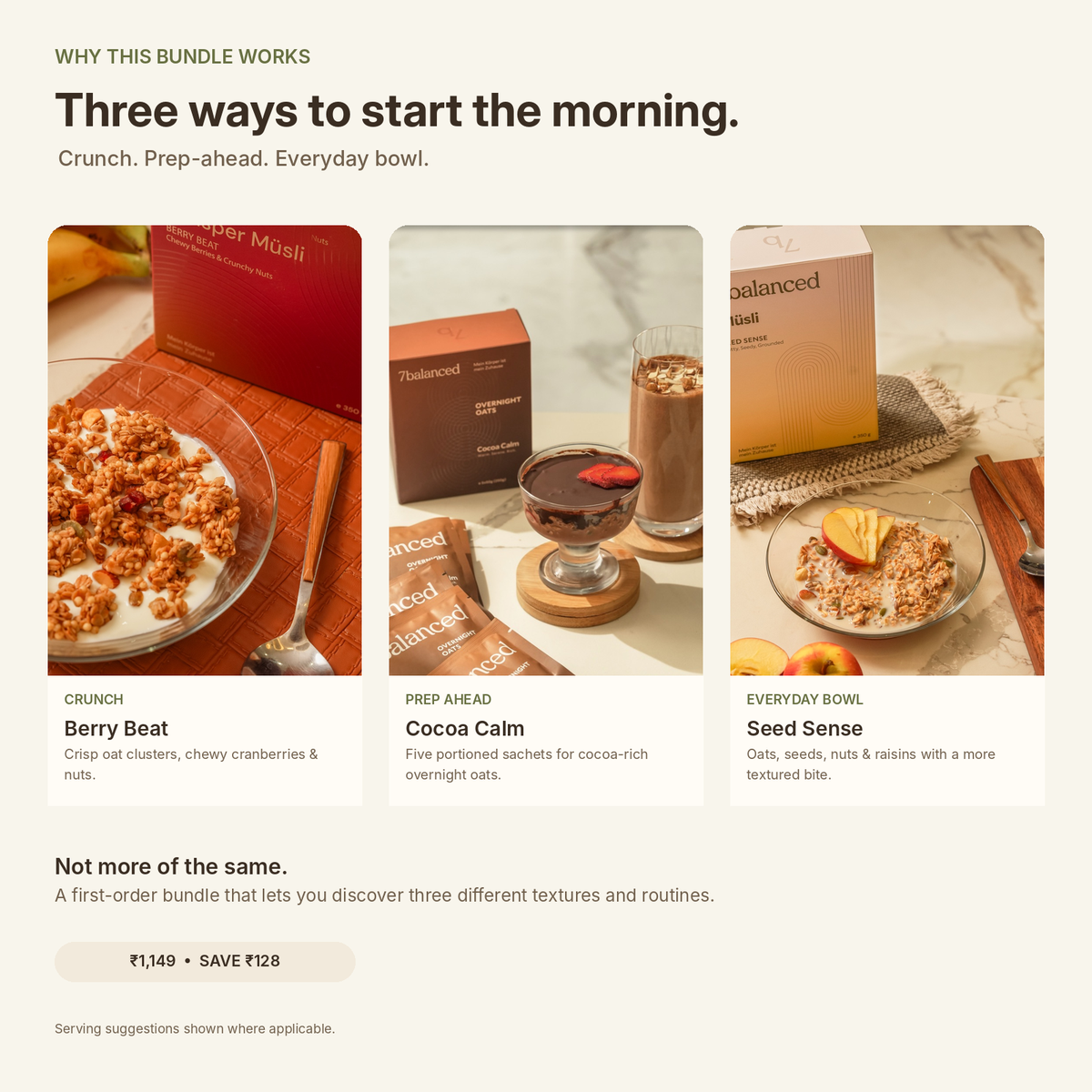 Three muesli servings with Berry Beat, Cocoa Calm, and Seed Sense cereal boxes