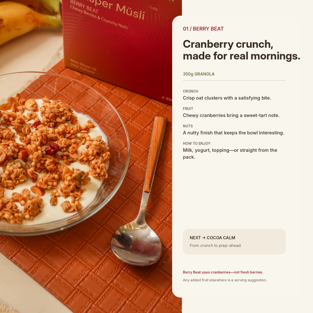 Berry Beat muesli bowl with cranberries and Berry Beat cereal box