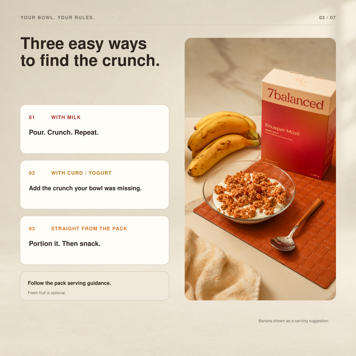 Granola trio serving guide with banana bowl and three crunchy options
