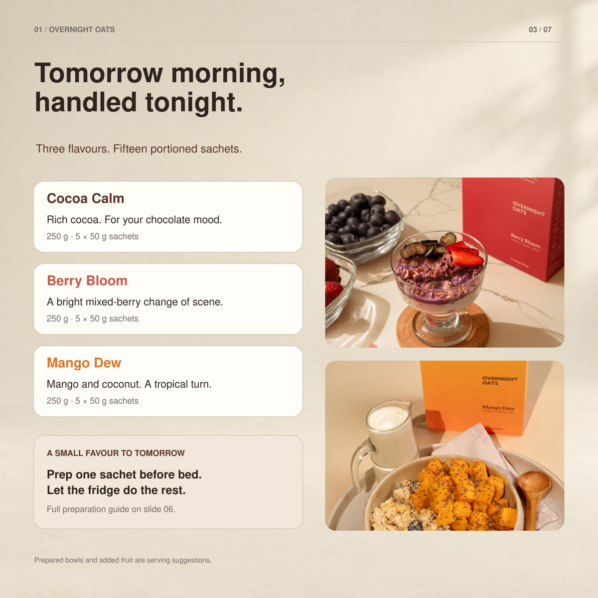 Overnight oats sample set with three prepared flavor sachets and bowl servings