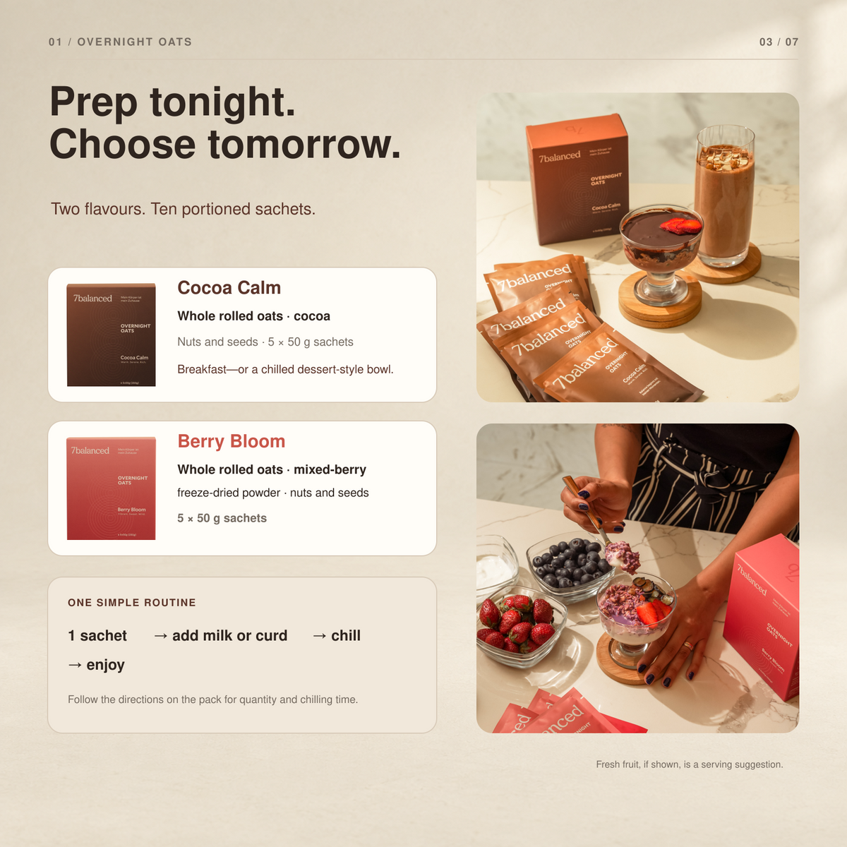 Overnight oats preparation card featuring Cocoa Calm and Berry Bloom sachets