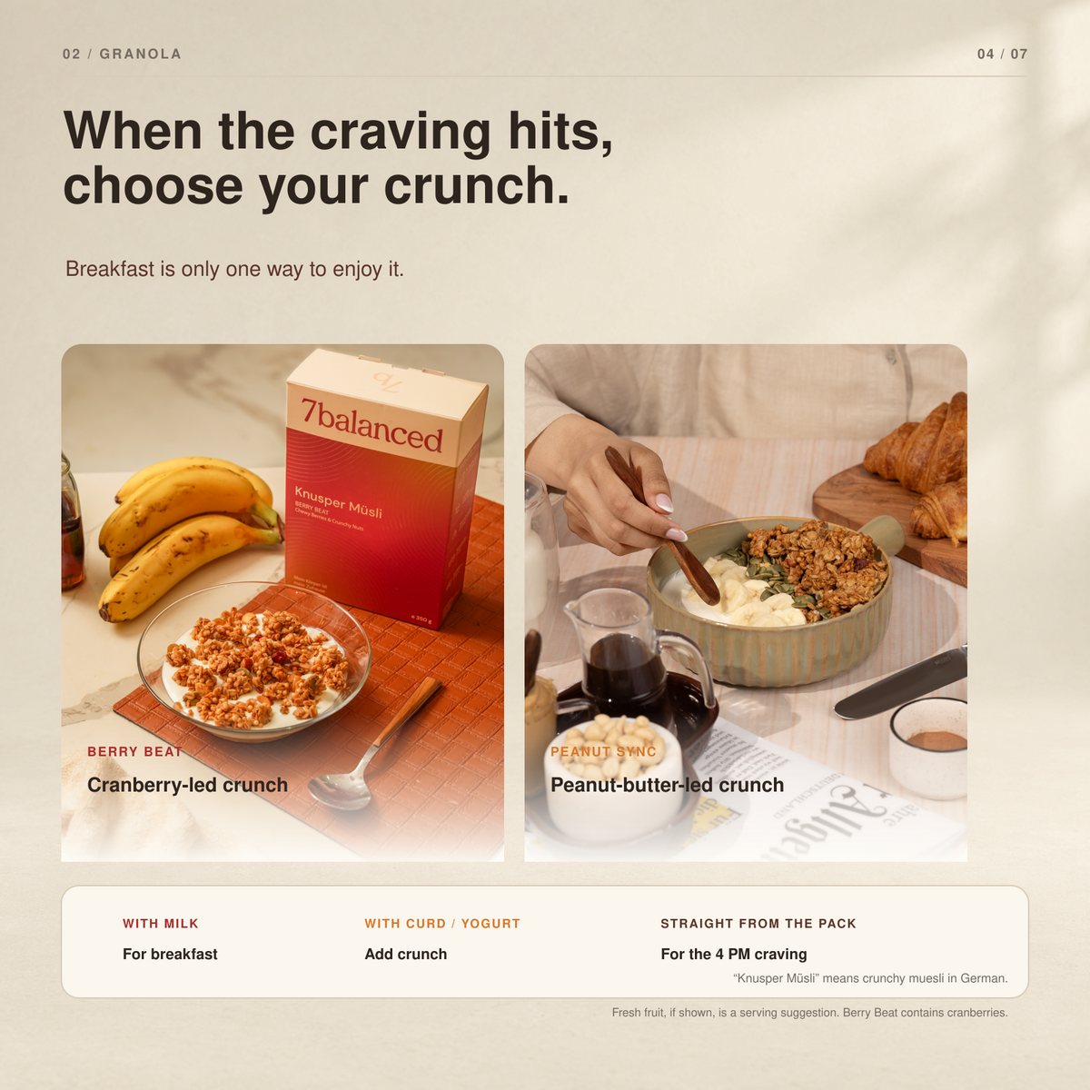 Granola oat crunch sachets with bowls and fresh banana on a tabletop