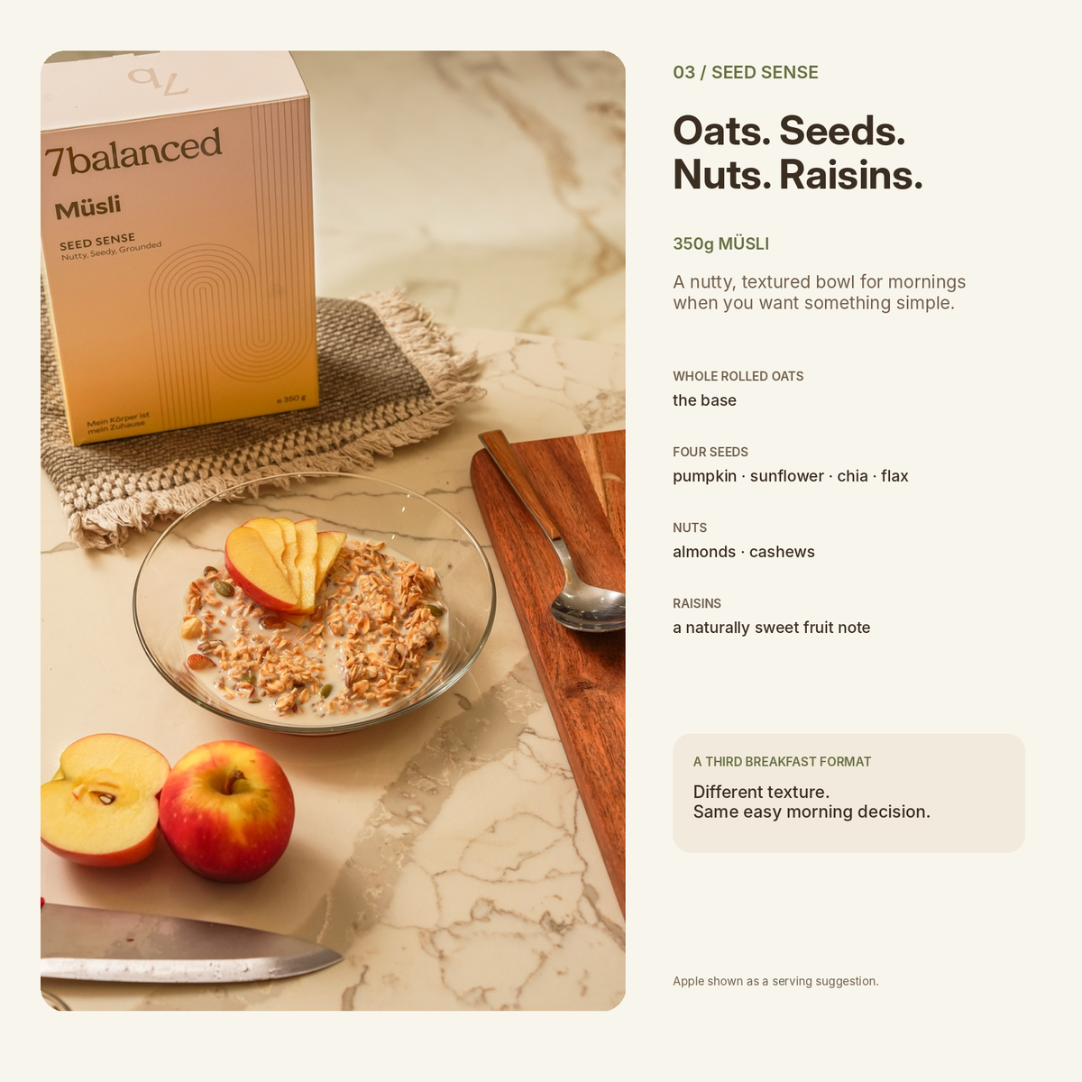 Seed Sense muesli box with bowl of oats, apple slices, and wooden spoon