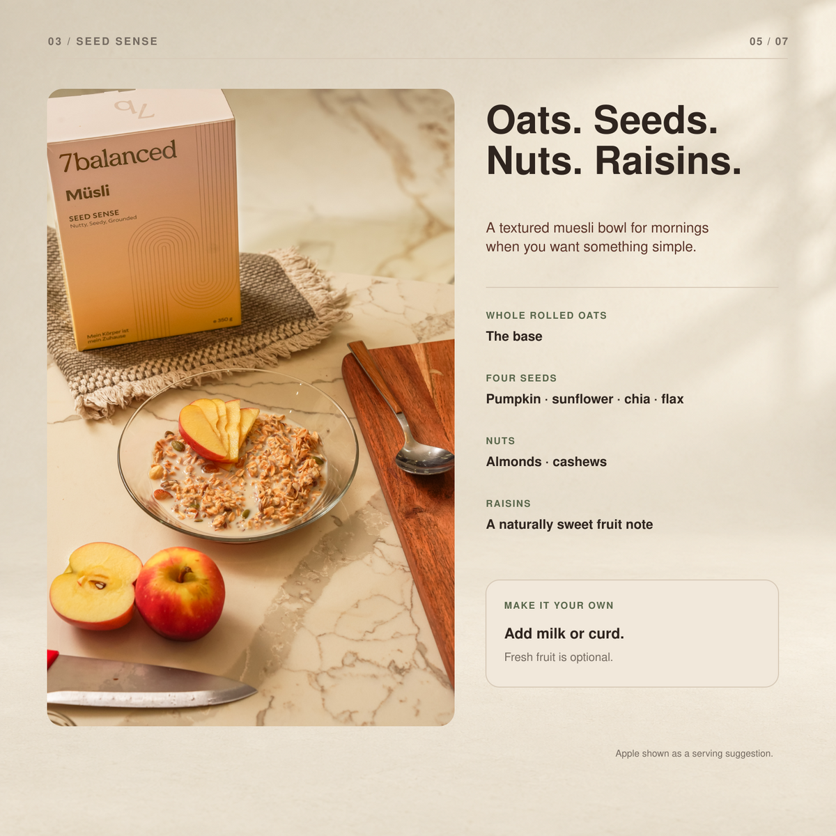 Seed Sense oats and nut raisin mix with sachet box, bowl, and apple slices