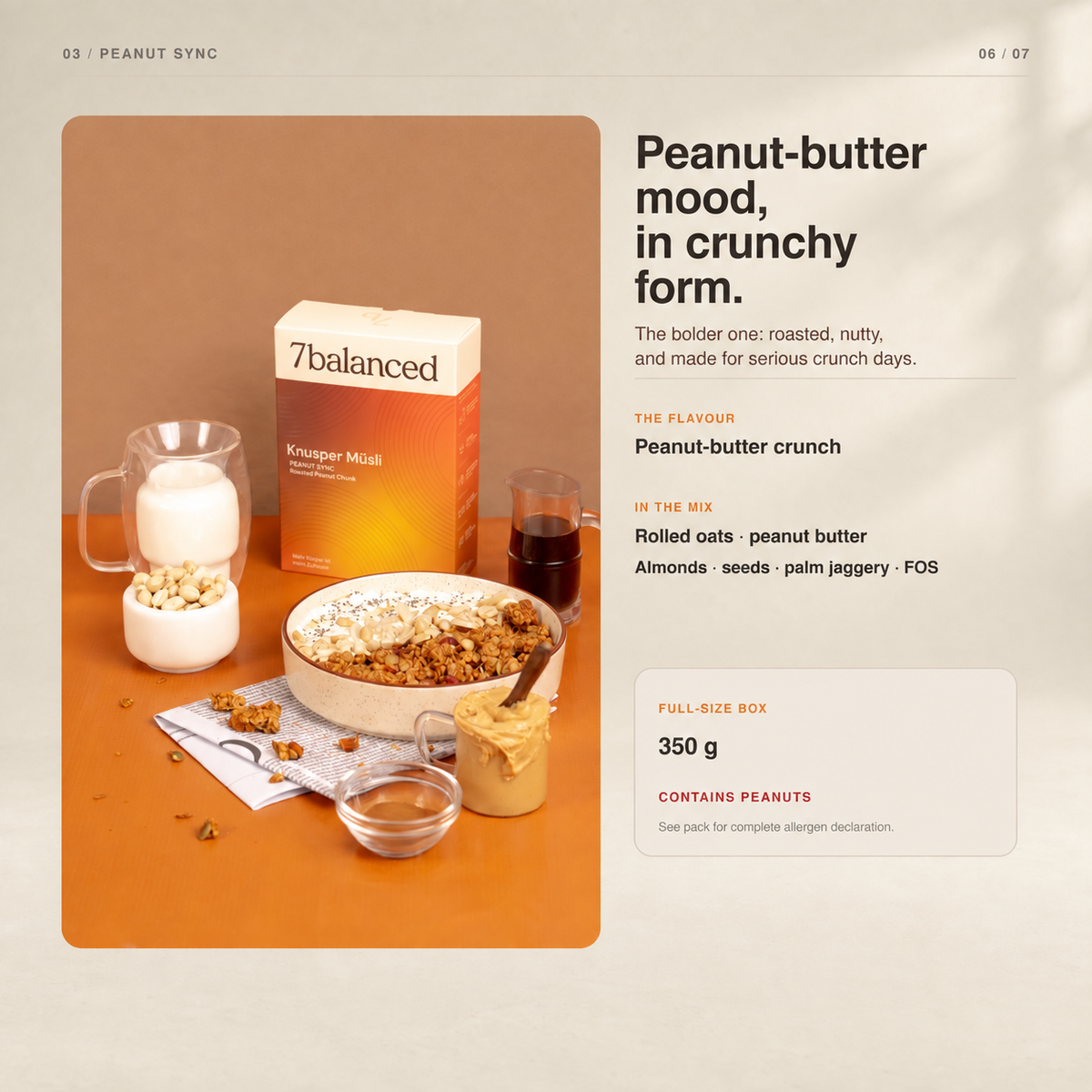 Peanut Sync granola box with crunchy granola bowl and peanut butter jar