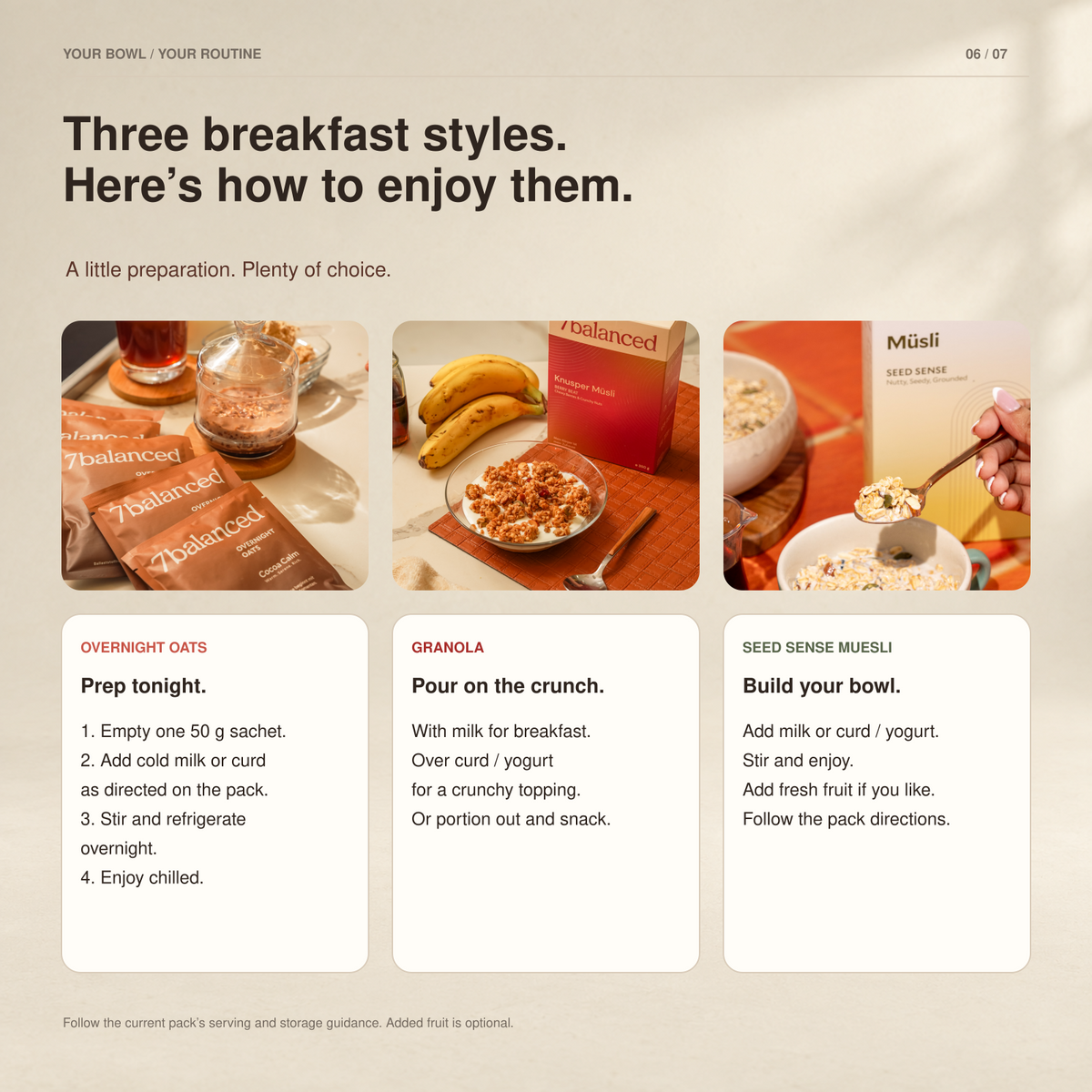 Breakfast style guide cards featuring prepared bowls with granola and muesli