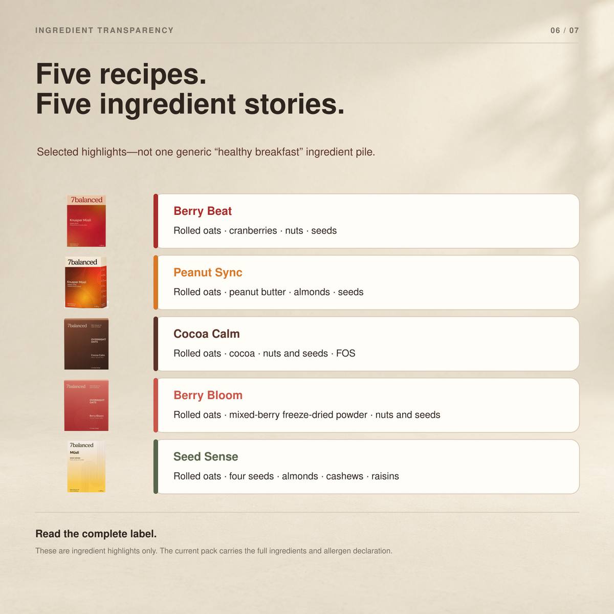 Ingredient transparency card listing five oat flavors beside small sachet boxes
