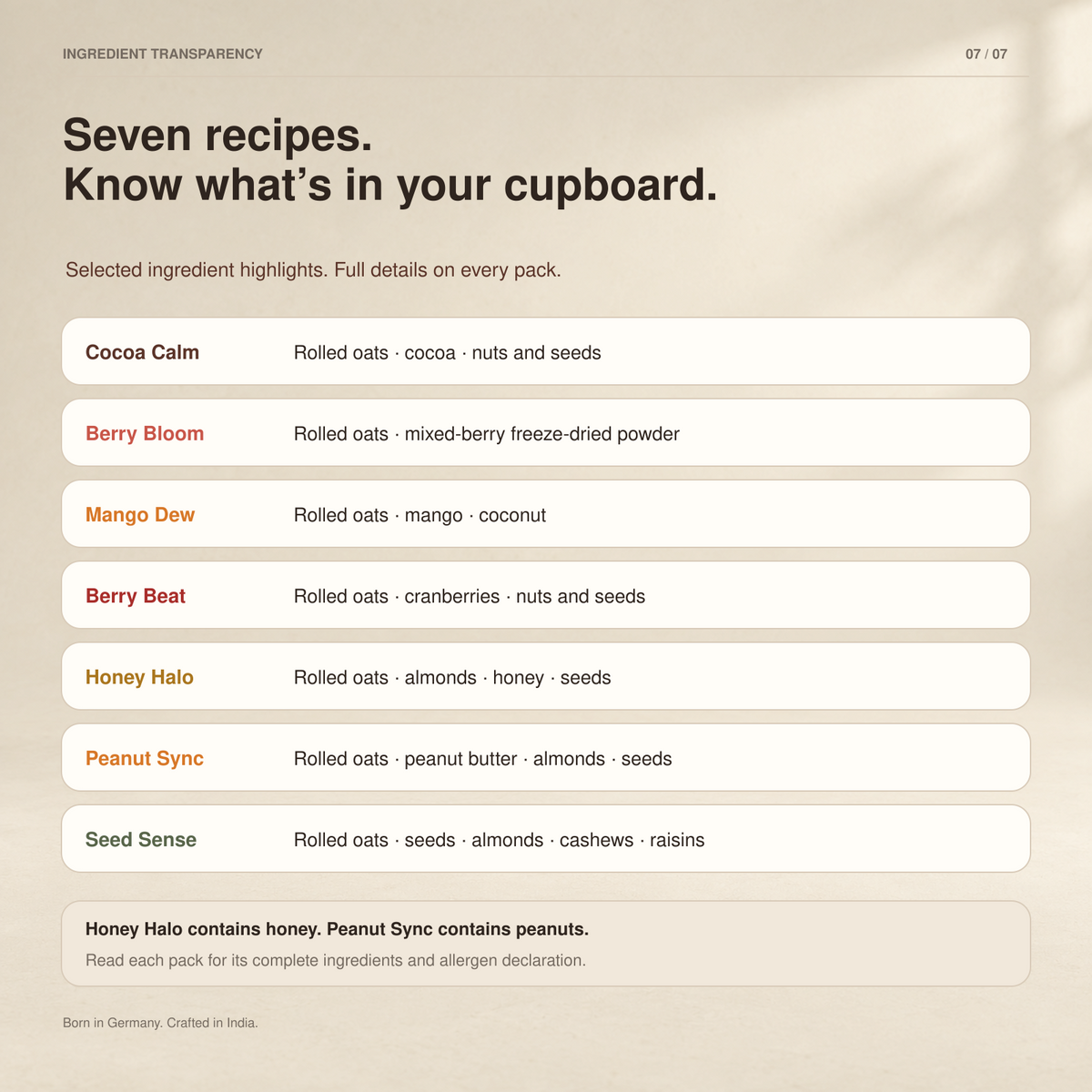 Seven-flavor breakfast bundle ingredient list with cocoa, berry, mango, and four others