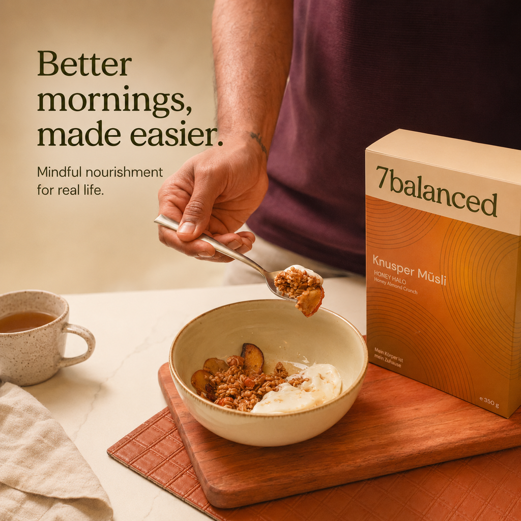 Honey Halo granola bowl with spoonful, next to 7balanced granola pouch