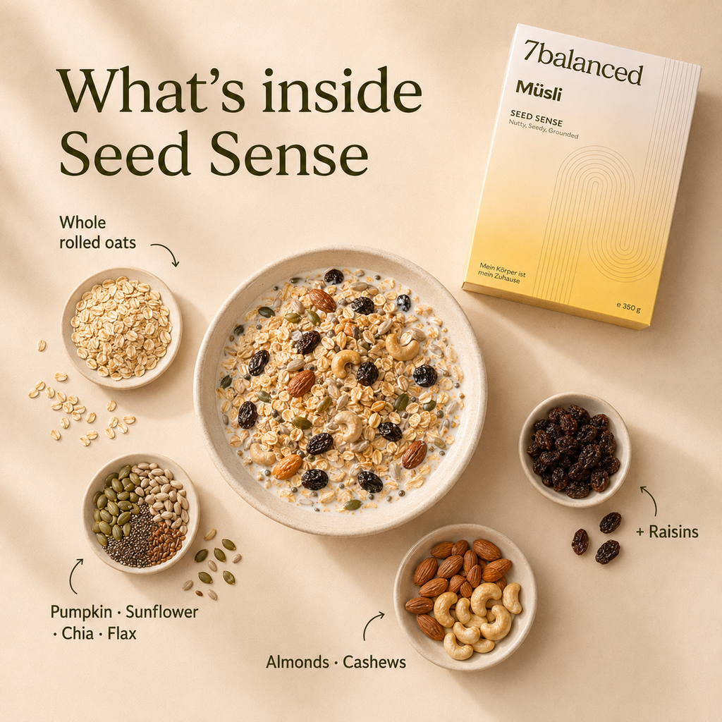 Seed Sense muesli ingredients bowls with 7balanced Seed Sense product box