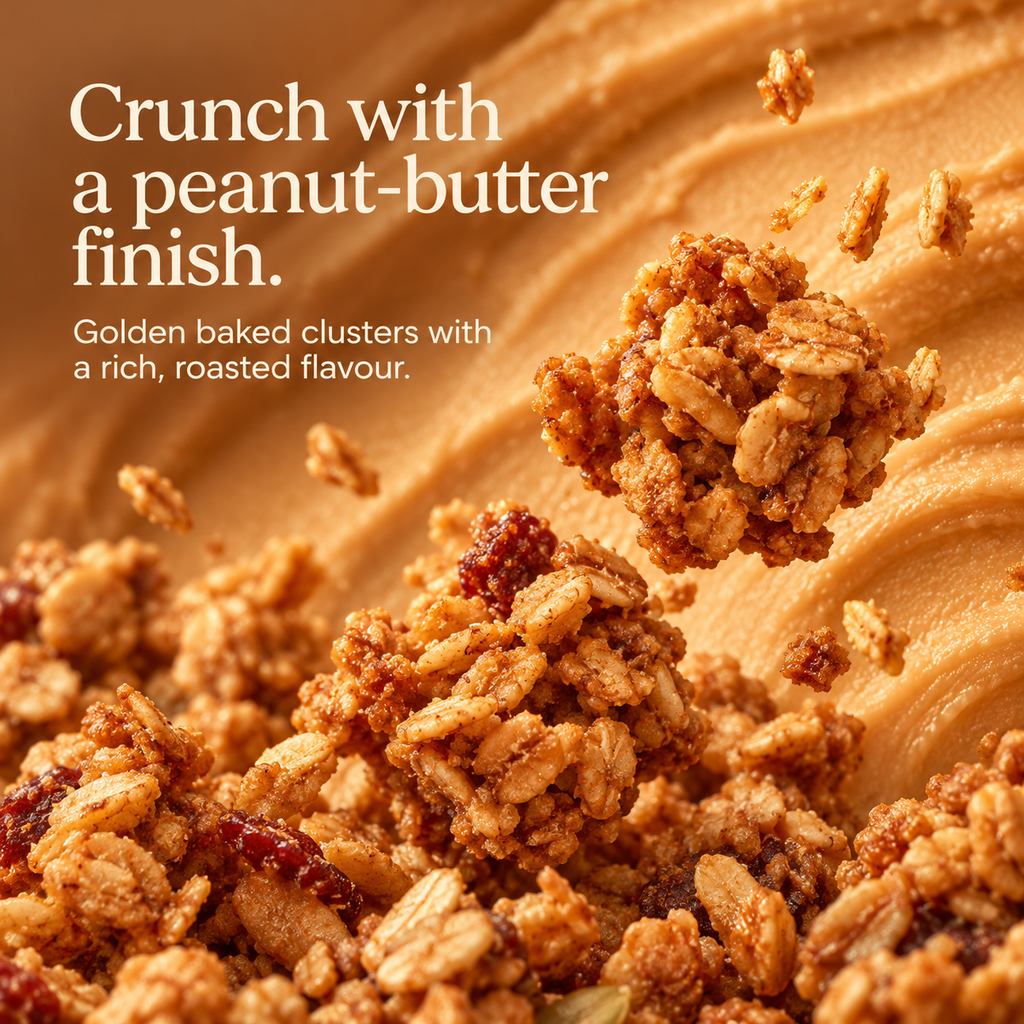 Close-up of peanut-butter granola clusters on a creamy, roasted surface