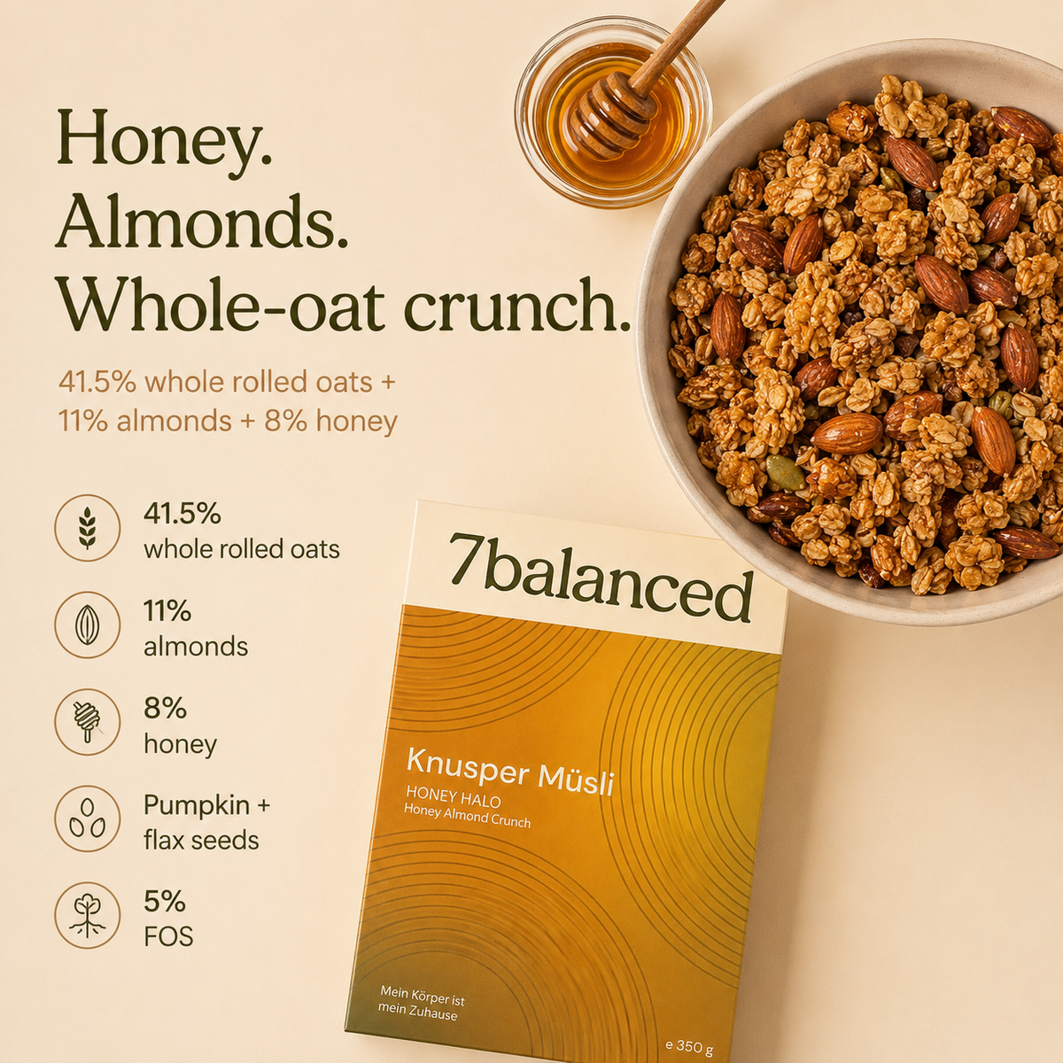 Honey Halo granola bowl and pouch with visible ingredient percentages