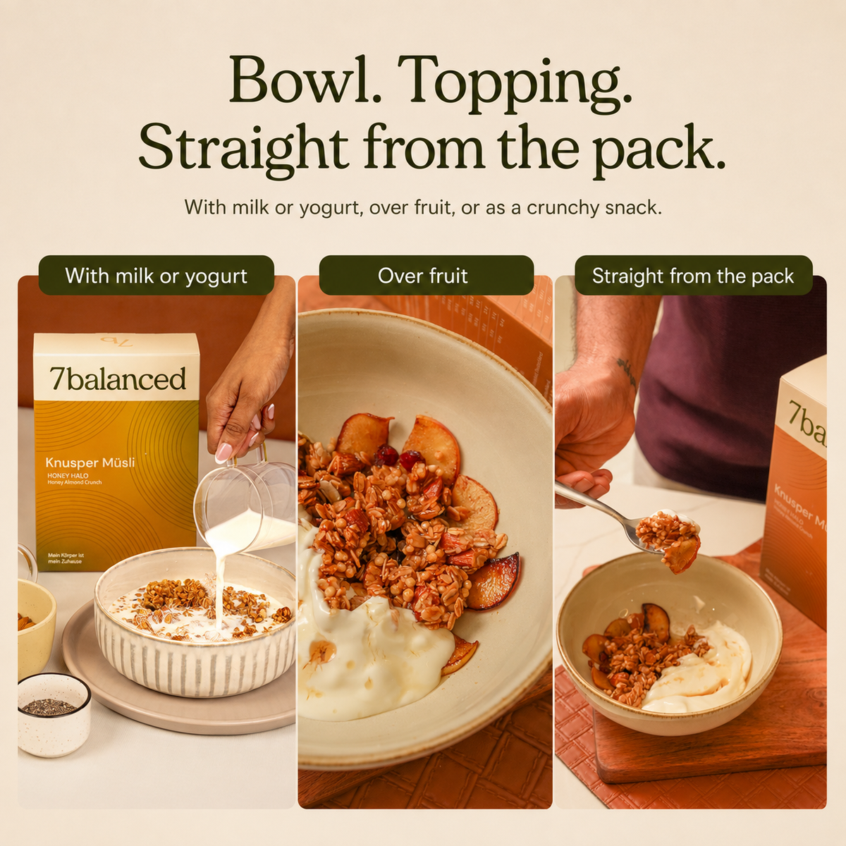 7balanced Honey Halo granola with serving bowls and spoonful of topping