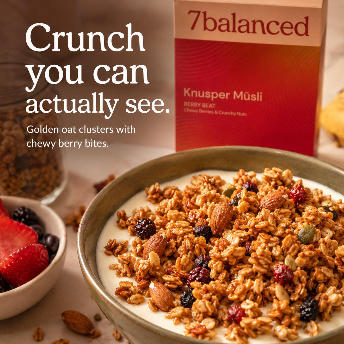 Granola bowl with berry bits and nut pieces, with product box in view