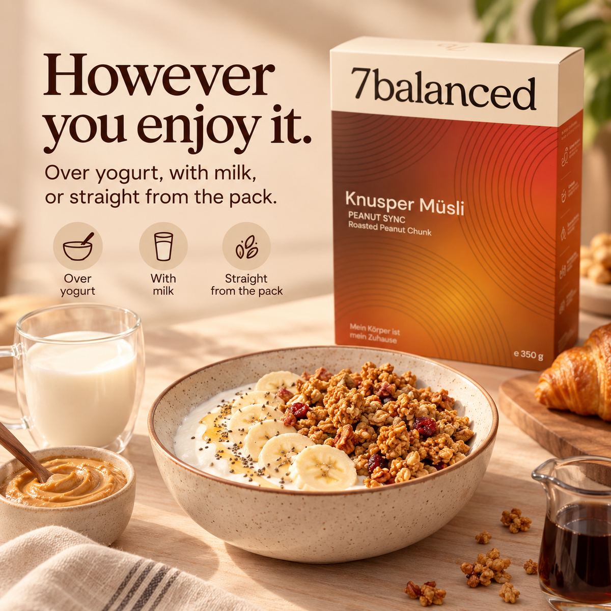 Peanut sync granola box with serving bowl of muesli and yogurt for breakfast