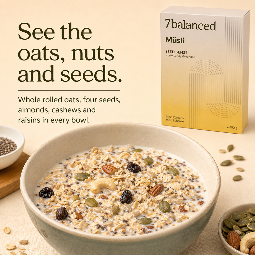 Muesli serving bowl with oats, nuts and seeds beside 7balanced Seed Sense box