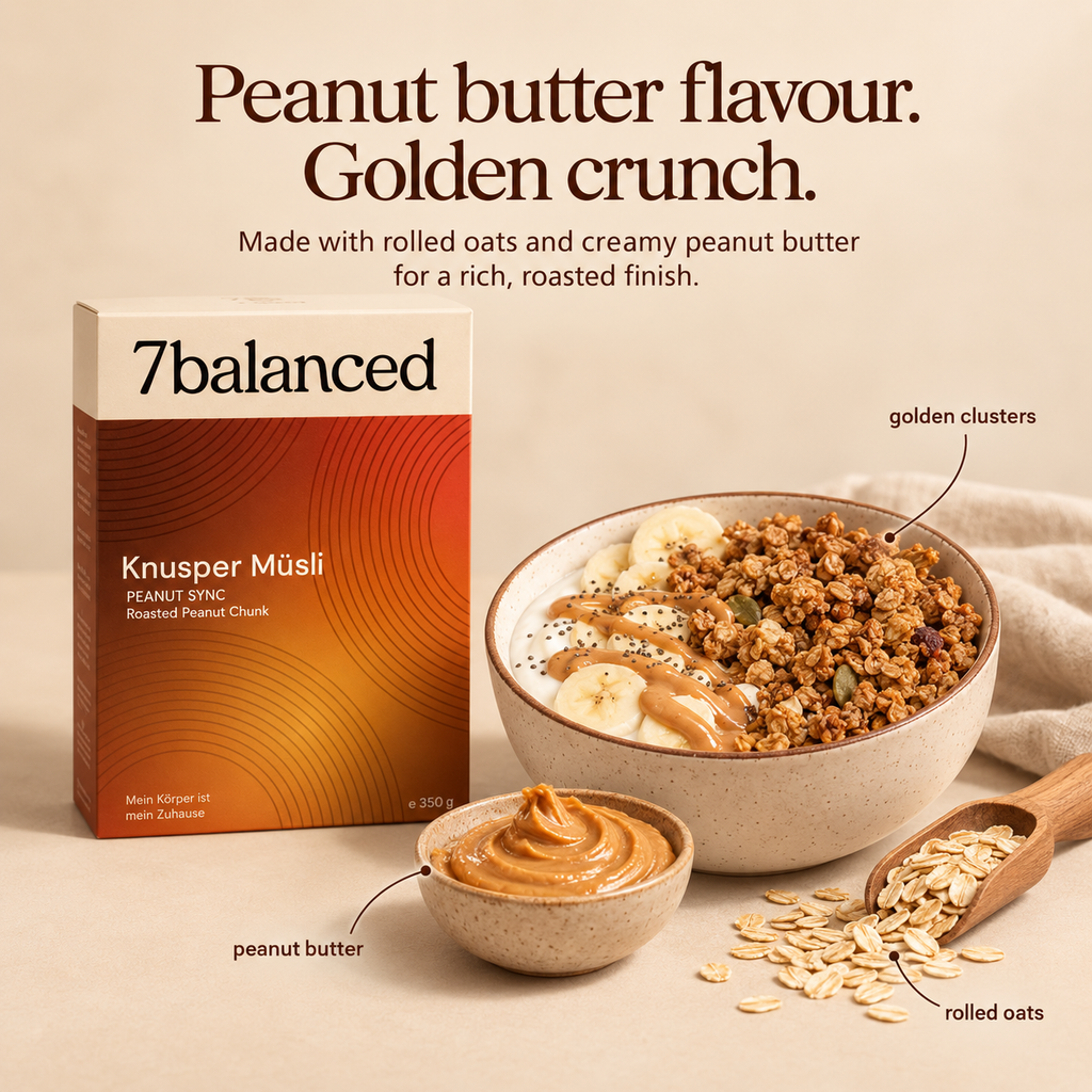 Peanut sync granola box with bowl of granola topped with peanut butter drizzle