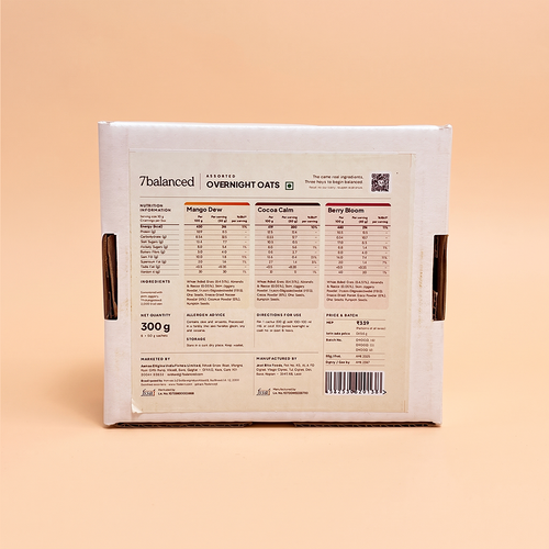 Back of overnight oats box with nutrition table and barcode, 300 g