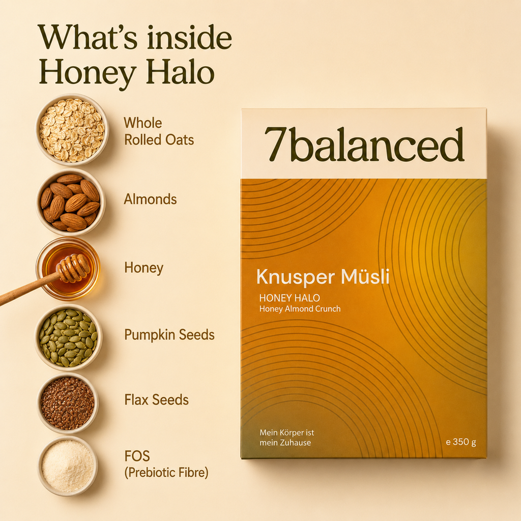 Honey Halo granola package with ingredients list around it