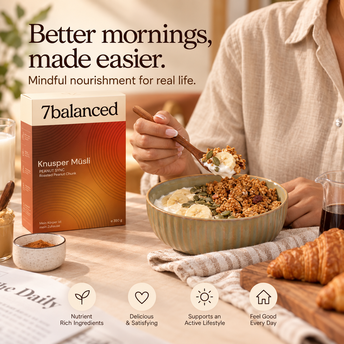 Peanut sync granola box with spoonful being added to a bowl of muesli