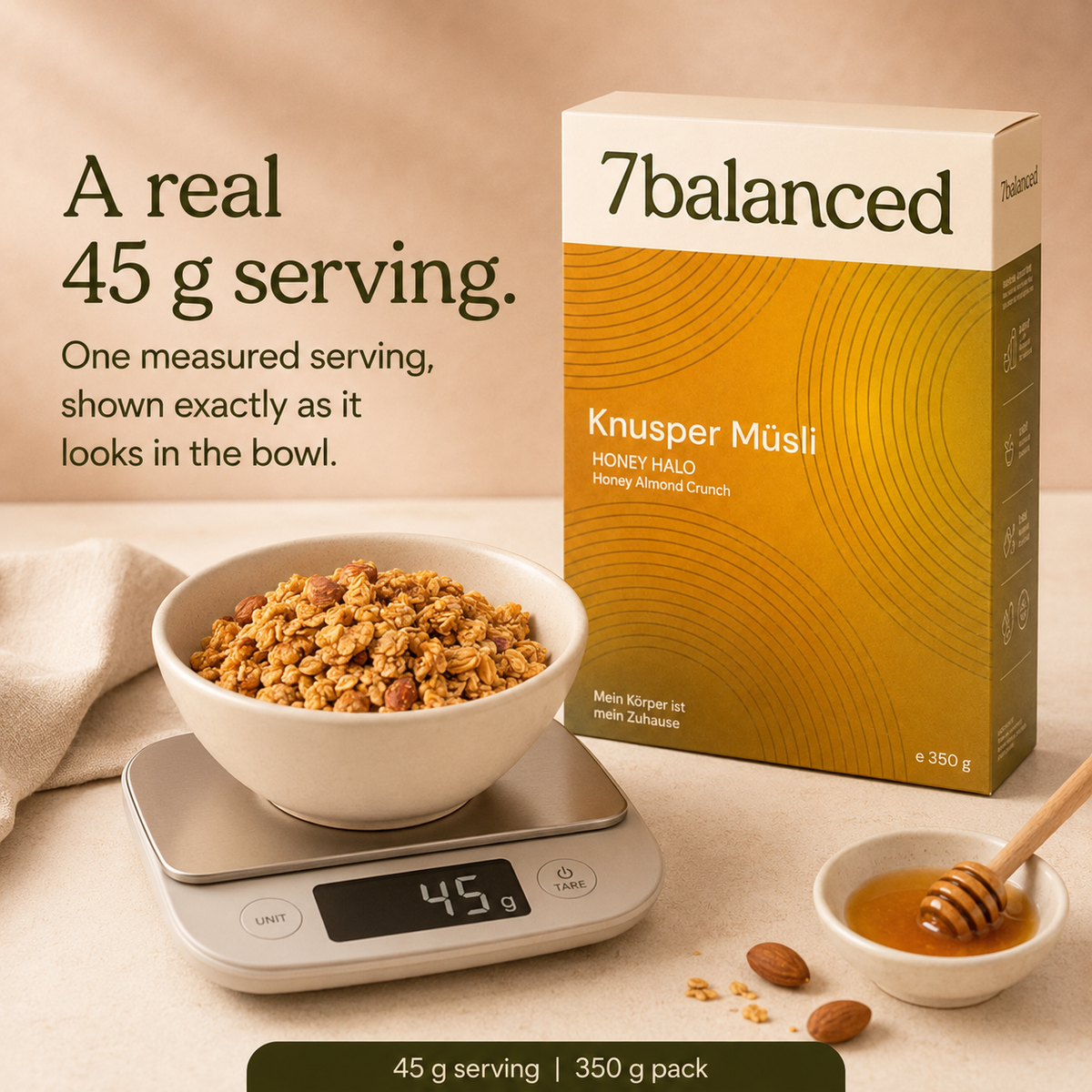 Honey Halo granola bowl on a scale next to measuring spoon and pouch