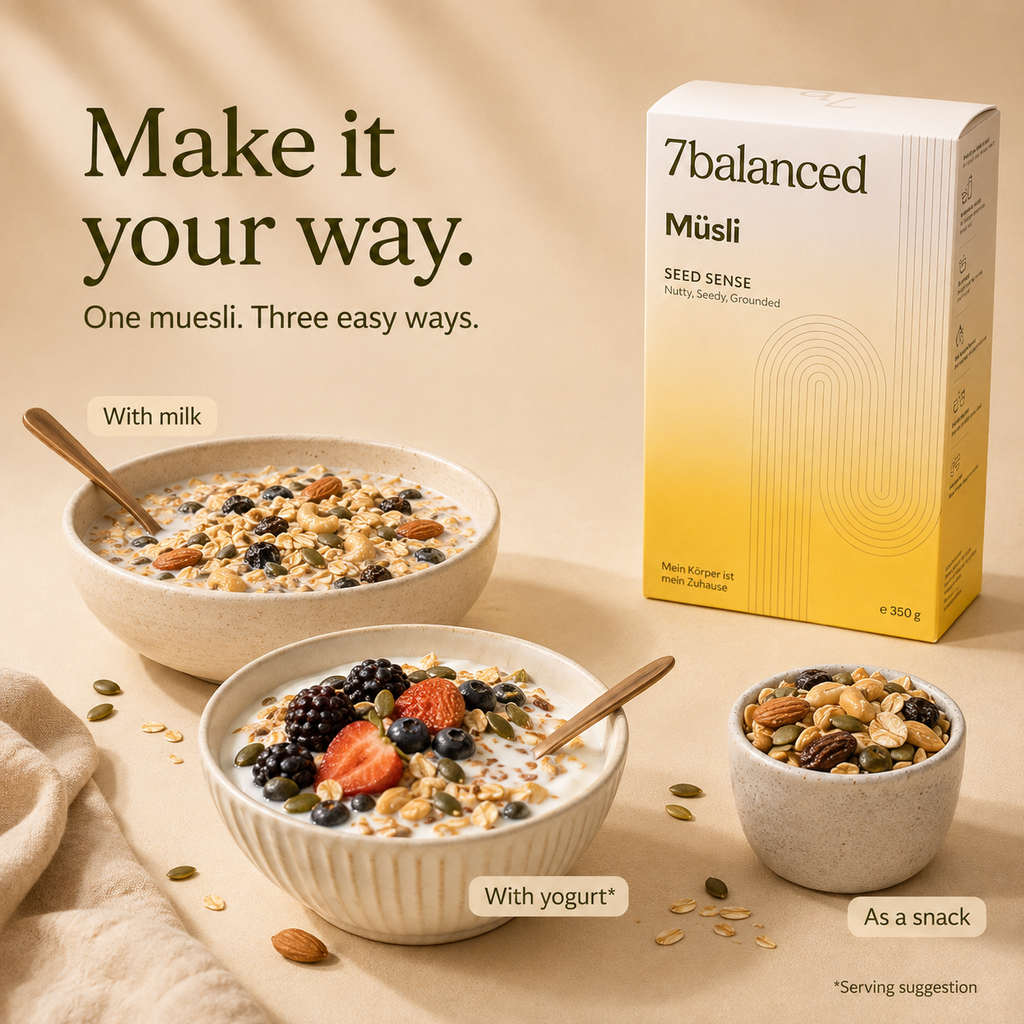Three bowls of muesli with spoons and 7balanced Seed Sense package