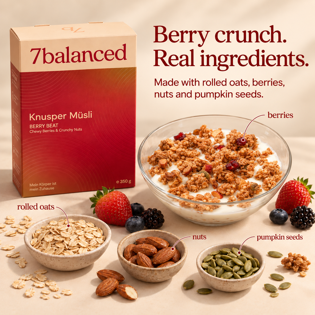 Berry granola box beside a bowl of crunchy oats and berry bits
